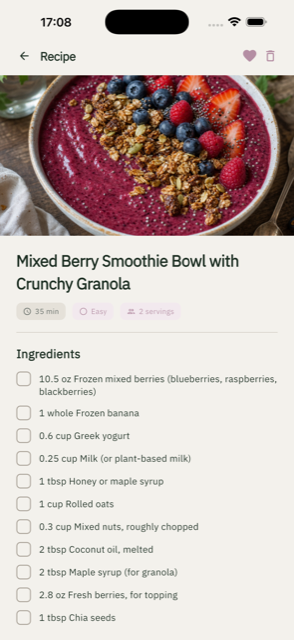A generated recipe detail screen
